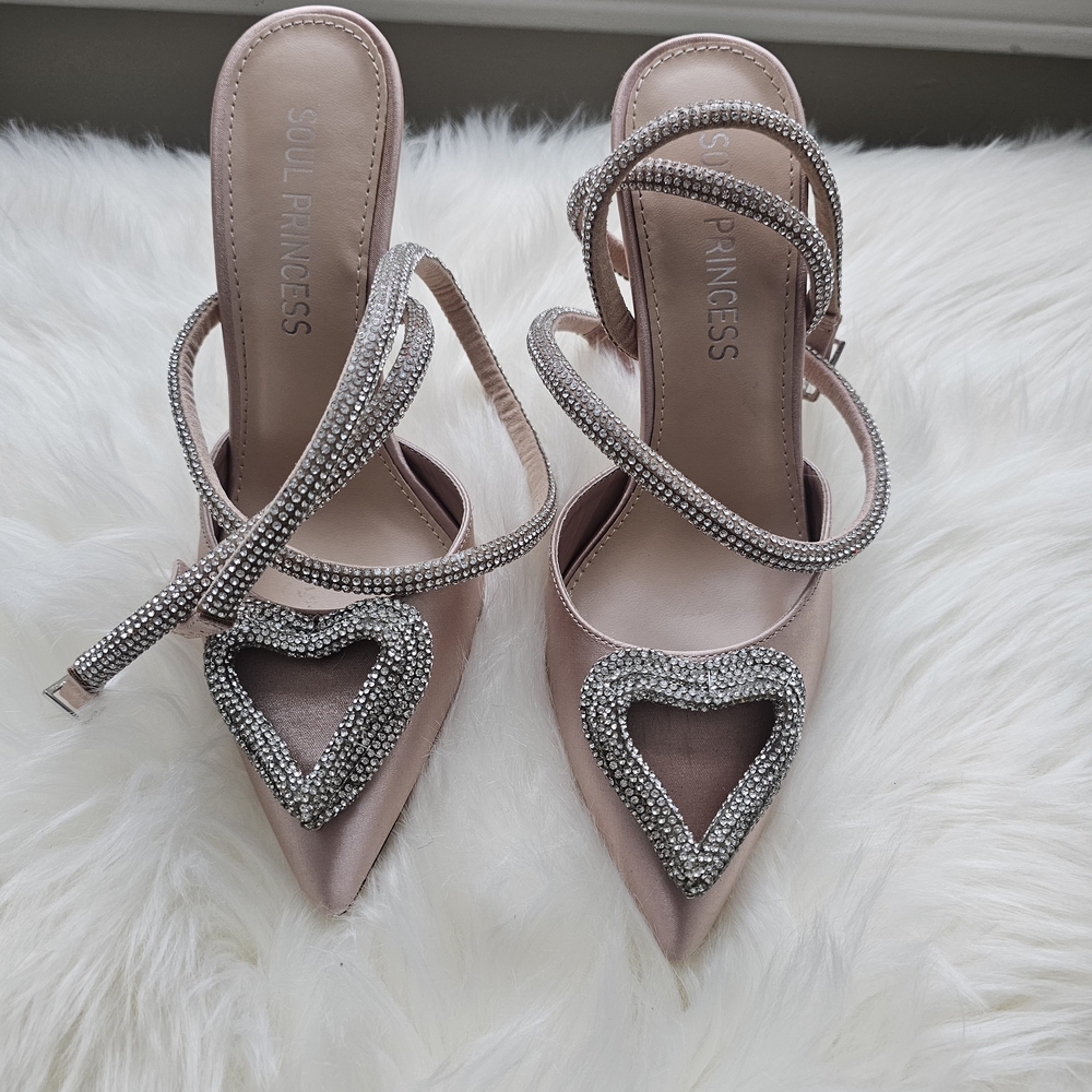 Miss Lola Blush Satin Heels with Rhinestone Accents